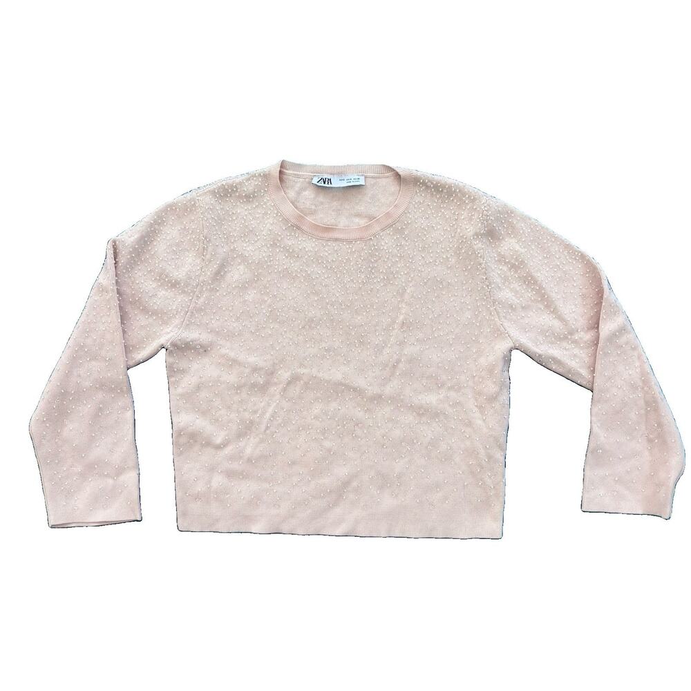 Zara Size Small Blush Pink Sweater Beaded Holiday Sparkle Crop FLAW